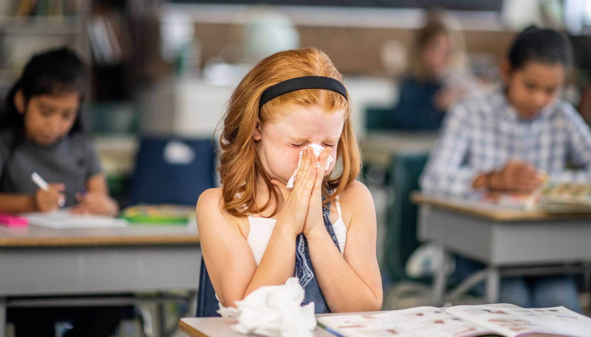 A girl sitting at a classroom desk and sneezing into a tissue.