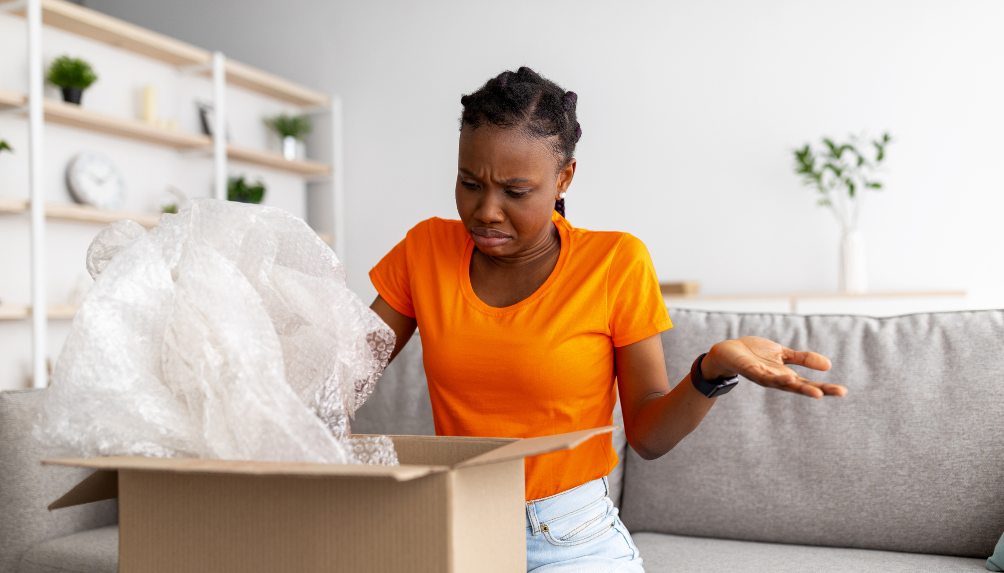 Black woman looking confused while opening a box