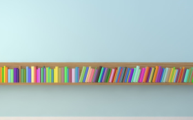 A long bookshelf filled with colorful books on a blue background. 