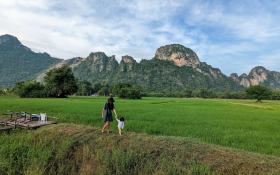 Author exploring the Thai countryside with her daughter