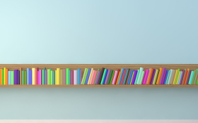A bookshelf filled with colorful books on a blue background