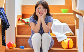 A lady sits on a messy staircase